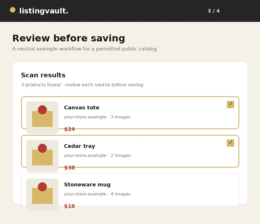 Completed website scan with product cards selected for saving